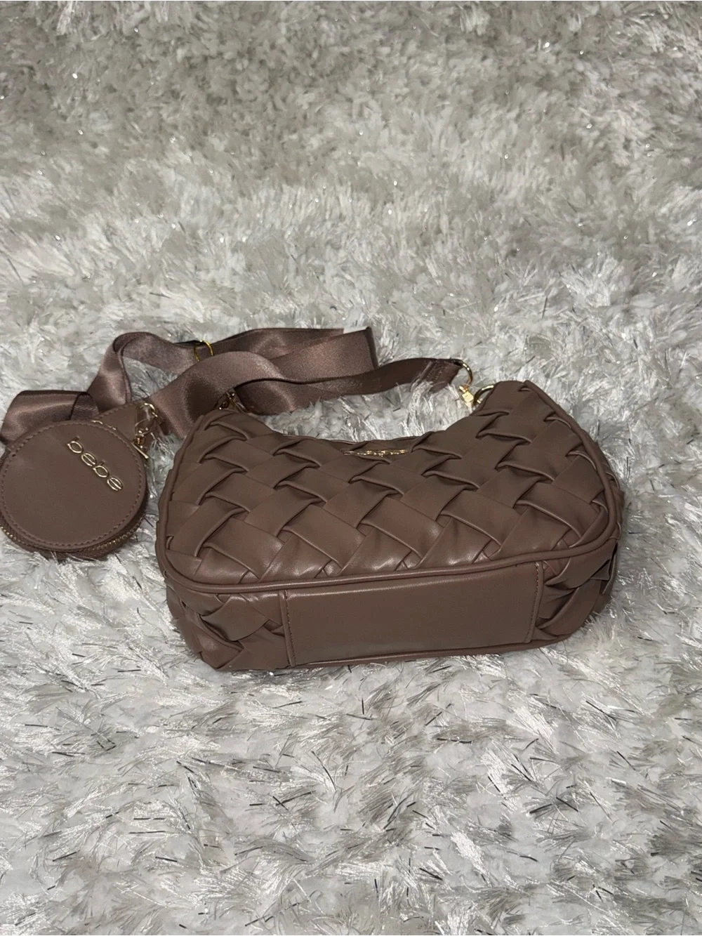 bebe Woven Shoulder Bag in Taupe Brown with Coin Pouch